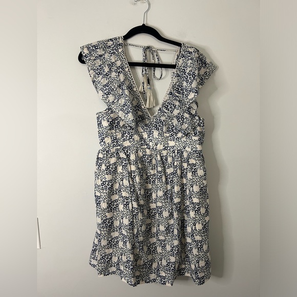 Anthropologie Blue & Cream Floral Printed Ruffle Sleeve Mini Dress - Picture 3 of 7